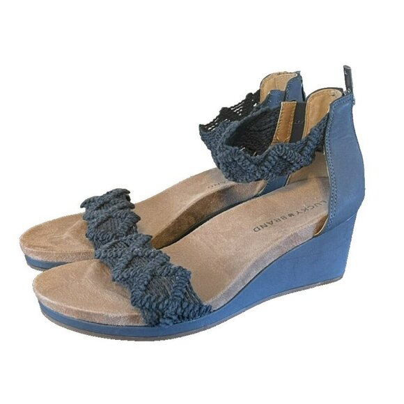 Lucky Brand Shoes - NEW LUCKY BRAND Kaydyn Sandal Women Size 7.5 Navy Blue Wedge Ankle Strap Crochet